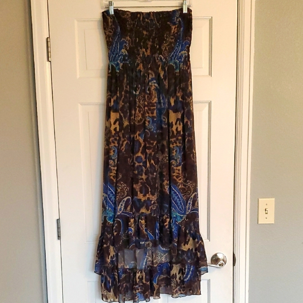 Fun & Flirt Blue Maxi Dress with Ruffled High-Low Design for Resort Wear Sz M